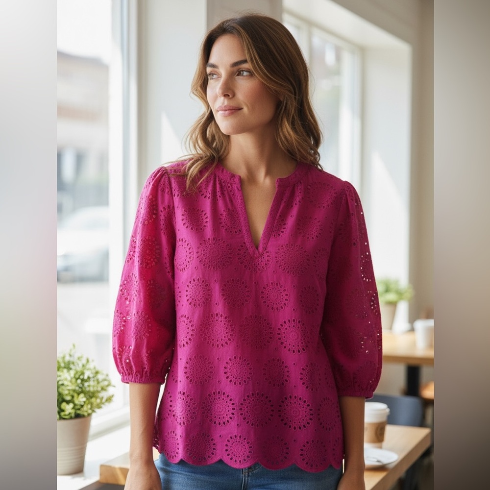 On 34th Women's Solid Eyelet Puff-Sleeve Blouse